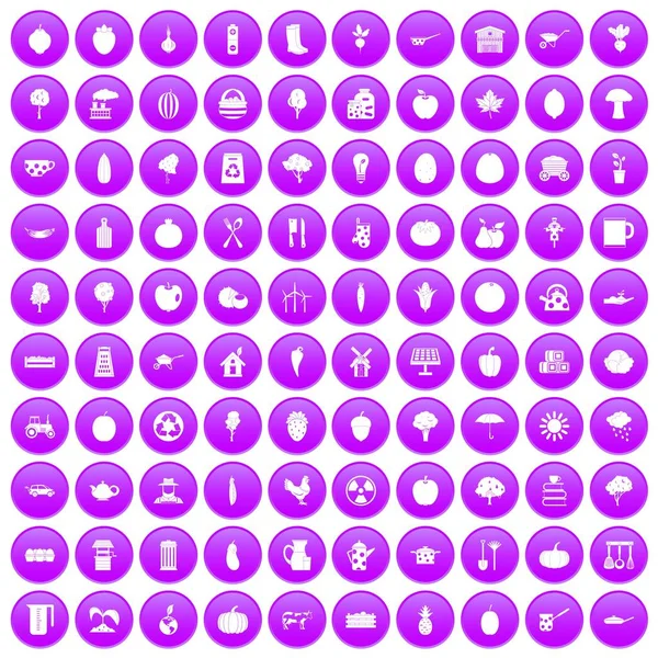 100 значков здорового питания набор фиолетовый — стоковый вектор