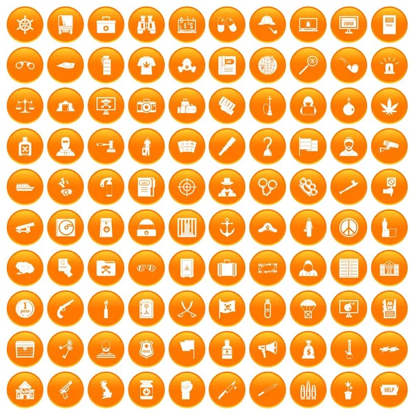 100 crime investigation icons set orange — Stock Vector