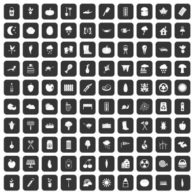 siyah 100 sebze Icons set