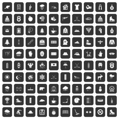 siyah 100 kış spor Icons set
