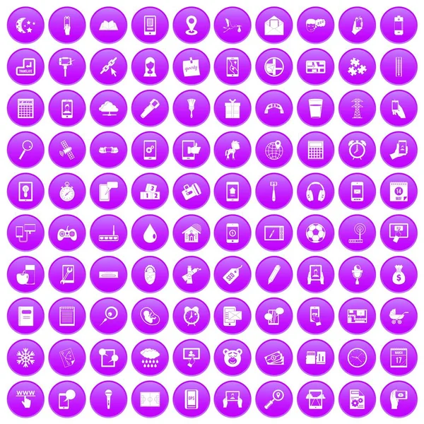 100 icônes application mobile ensemble violet — Image vectorielle