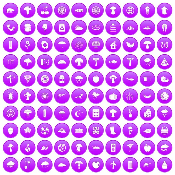 100 ícones de cogumelos conjunto roxo — Vetor de Stock