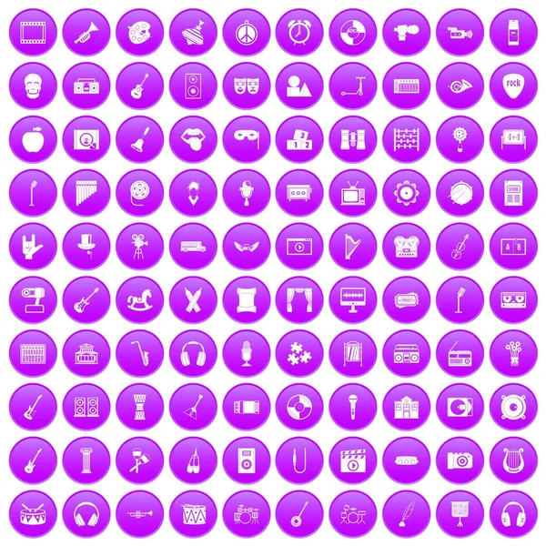 100 Ikonen der Musikerziehung lila gesetzt — Stockvektor