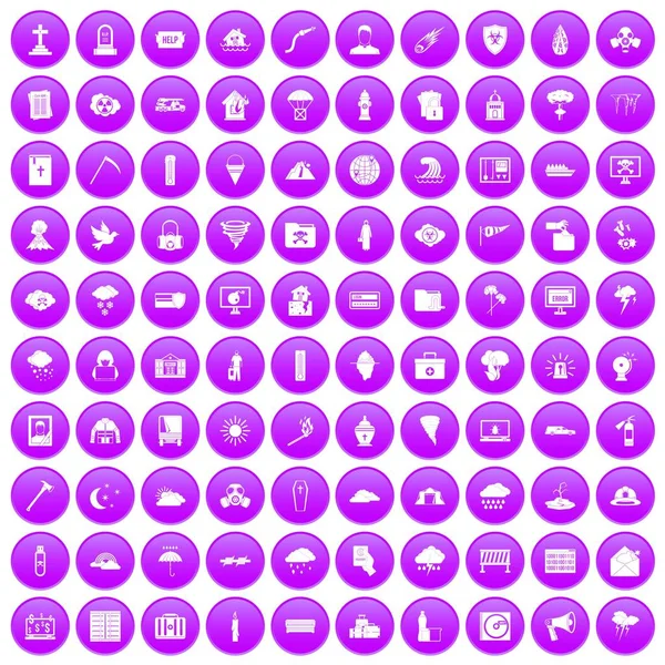 100 icônes de catastrophes naturelles en violet — Image vectorielle