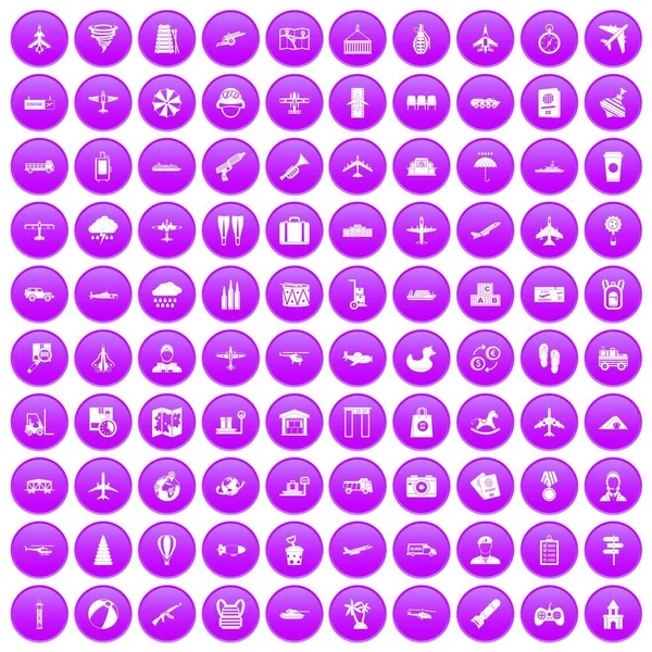 100 значков плоскости, набор фиолетовый — стоковый вектор