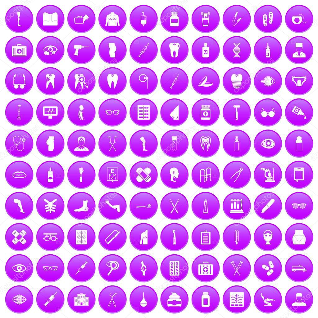 100 pharmacy icons set purple