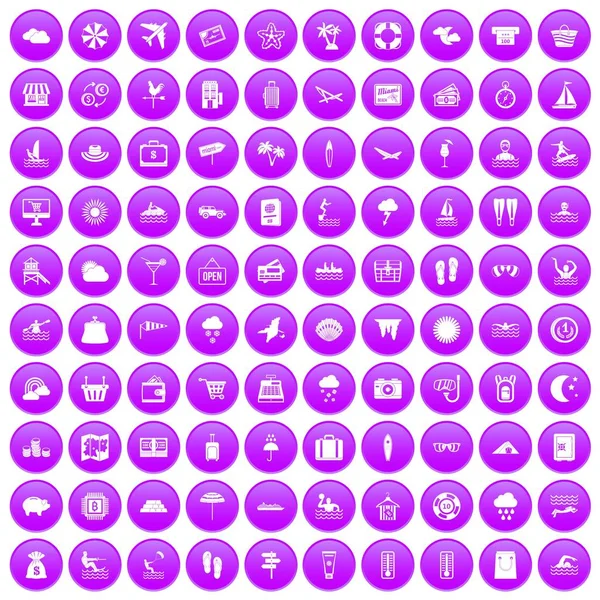 100 Seebad-Ikonen lila gesetzt — Stockvektor