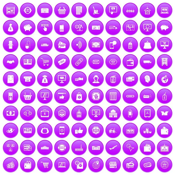 100 icônes shopping ensemble violet — Image vectorielle