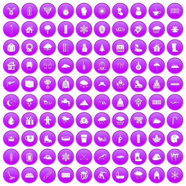 100 sneeuw iconen set paars — Stockvector