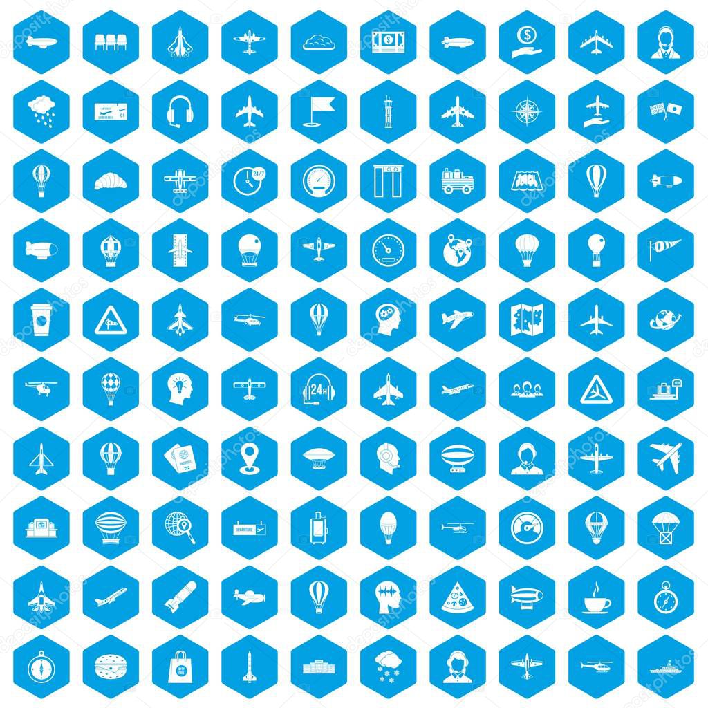 100 aviation icons set blue