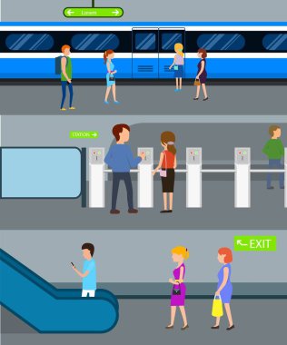 Metro İstasyonu afiş kavram kümesi, düz stil