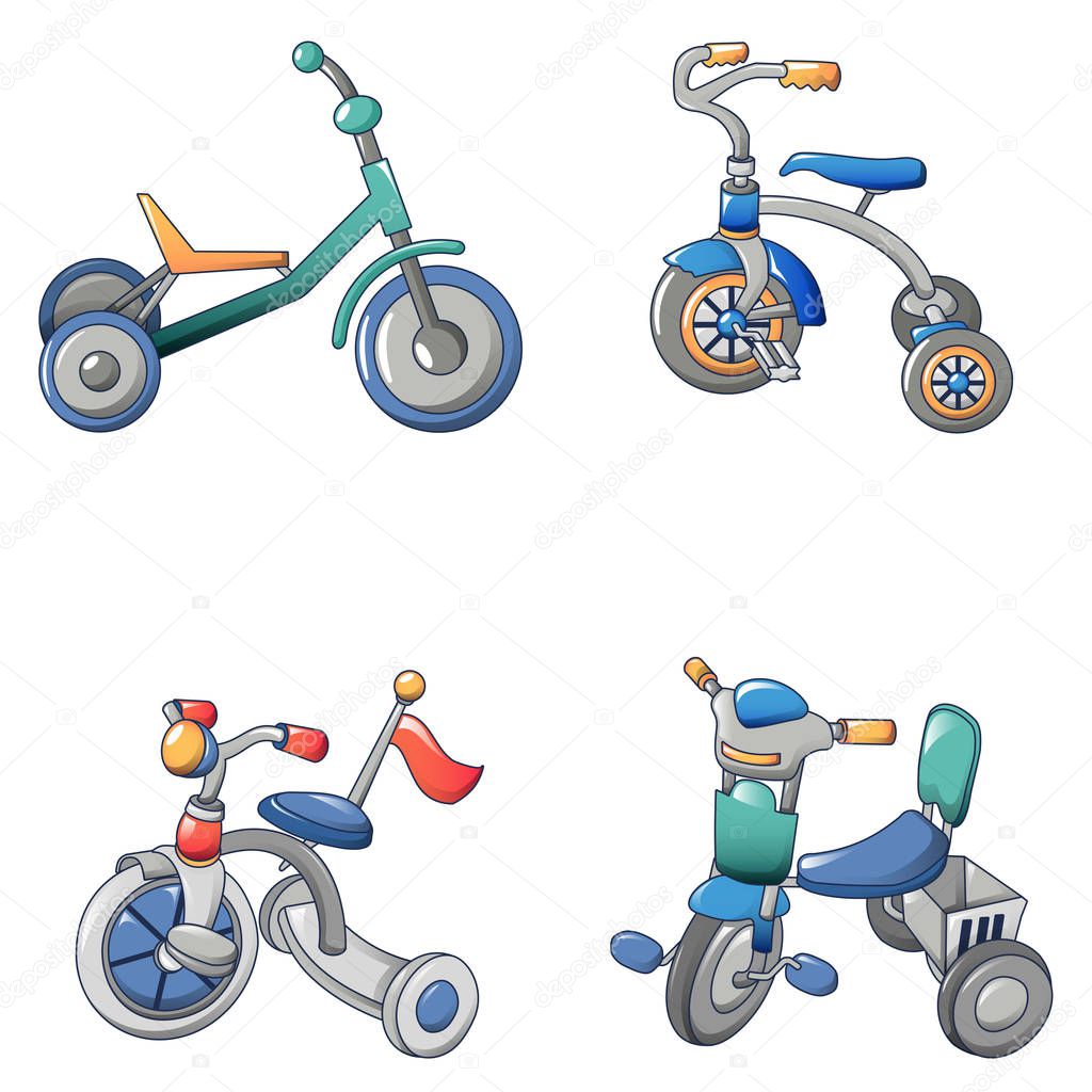 Tricycle bicycle bike icons set, cartoon style