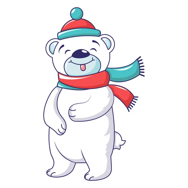 Cute bear with winter clothes icon, cartoon style