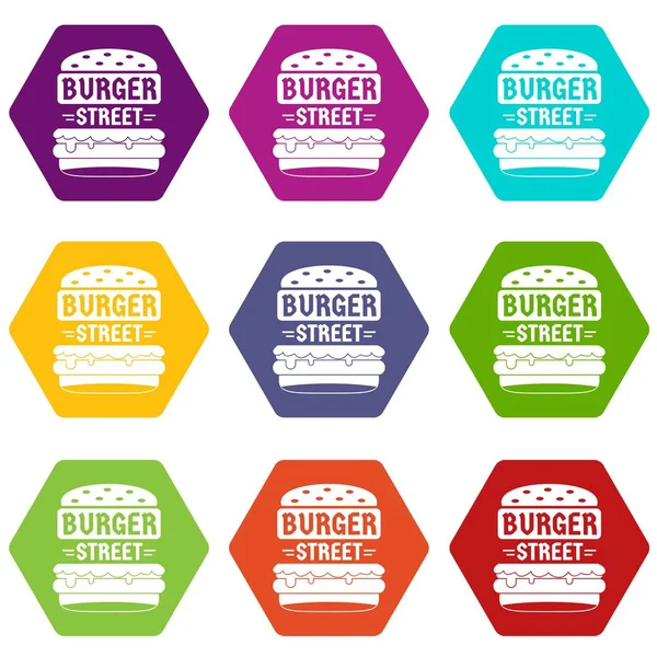 Big Street Burger iconos conjunto 9 vector — Vector de stock