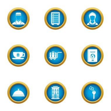 Otel iş ikonları/simgeleri ayarlayın. Düz beyaz arka plan üzerinde izole web için 9 otel iş vektör simge kümesi