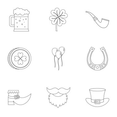 Happy St Patricks Günü simge seti, anahat stili