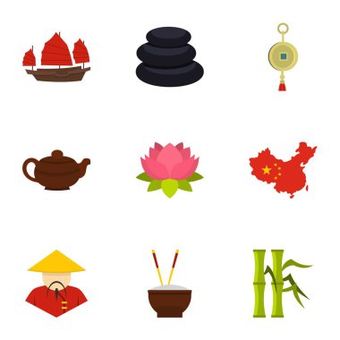 Çin seyahat etmek simge seti, düz stil