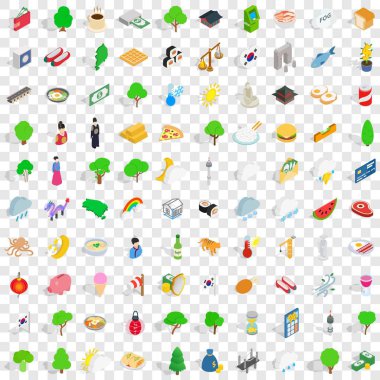 100 Güney Kore Icons set, izometrik 3d tarzı