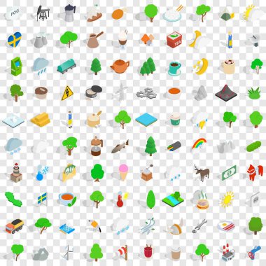 100 Stokholm Icons set, izometrik 3d tarzı