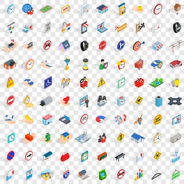 100 stres megapolis Icons set, izometrik 3d stili