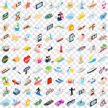 100 yaz tatil Icons set, izometrik 3d stili