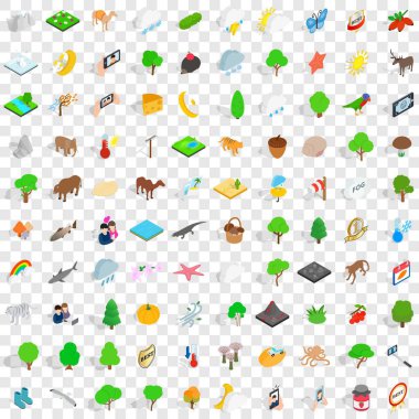 100 widlife kutsal Icons set, izometrik stili
