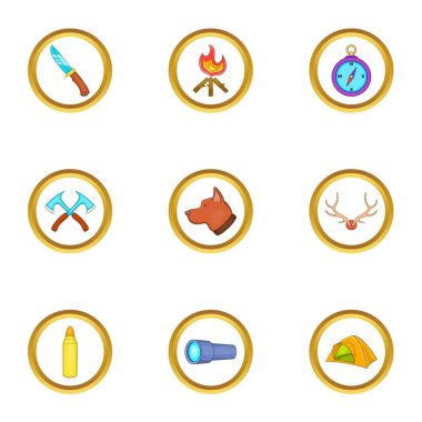 Kamp Icons set, karikatür tarzı avlamak