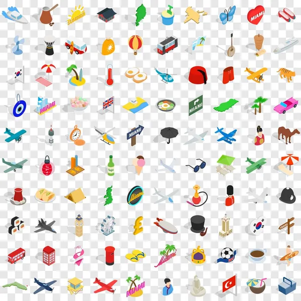 Conjunto de 100 iconos de tiempo de viaje, estilo 3D isométrico — Vector de stock