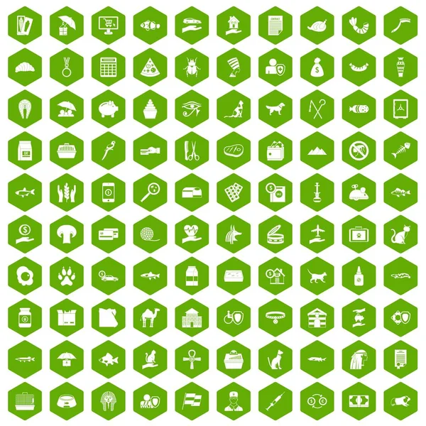 100 kedi simgeleri altıgen yeşil — Stok Vektör