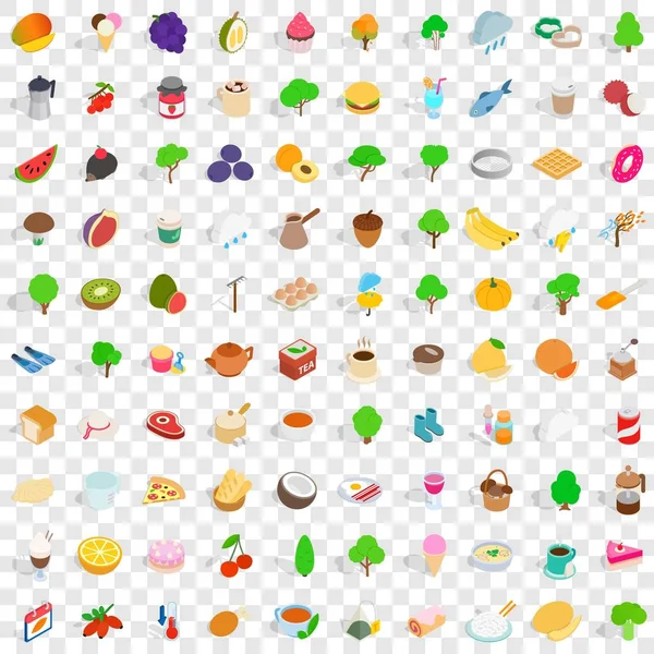 100 vegan iconen set, isometrische 3D-stijl — Stockvector