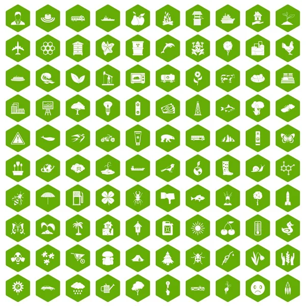 100 global warming icons hexagon green — Stock Vector