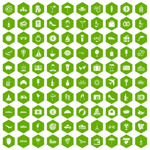 100 honeymoon icons hexagon green — Stock Vector