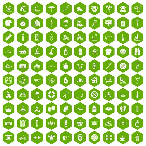 100 human health icons hexagon green — Stock Vector