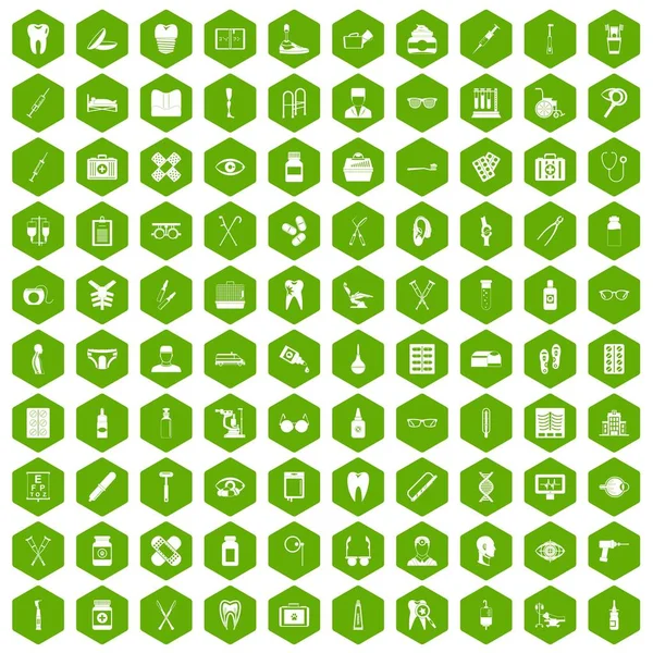 100 iconos de accesorios médicos hexágono verde — Vector de stock