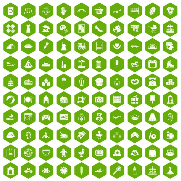 100 motherhood icons hexagon green — Stock Vector
