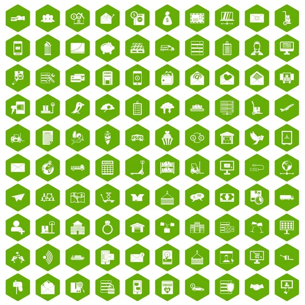100 ícones de serviço postal hexágono verde — Vetor de Stock
