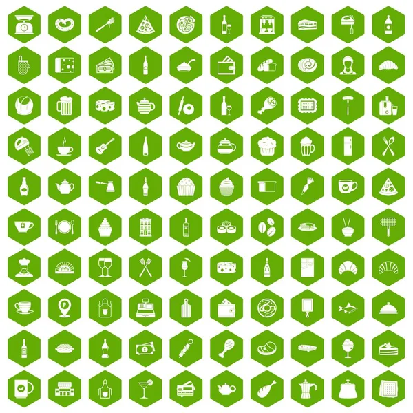 100 restaurant icons hexagon green — Stock Vector