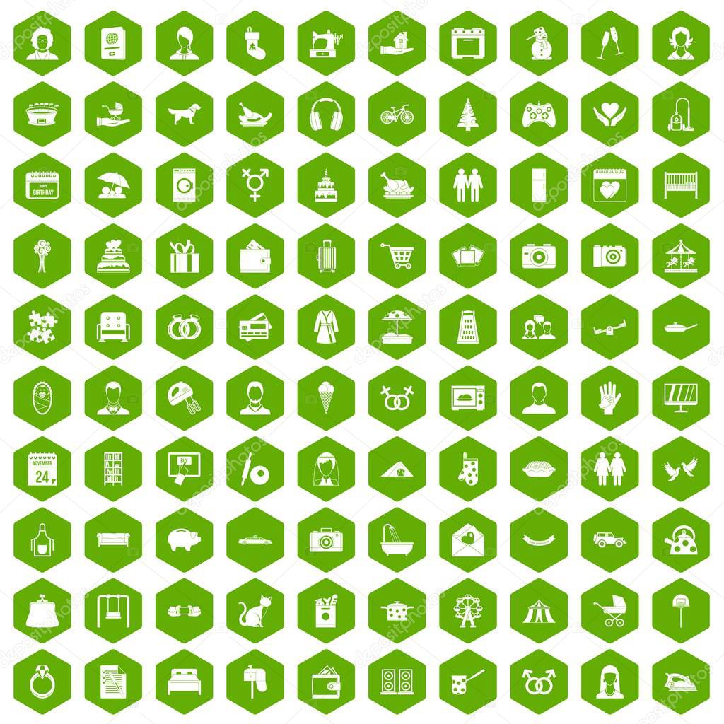 100 family icons hexagon green