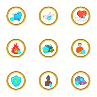 Doğal afet sigorta simge seti, karikatür tarzı