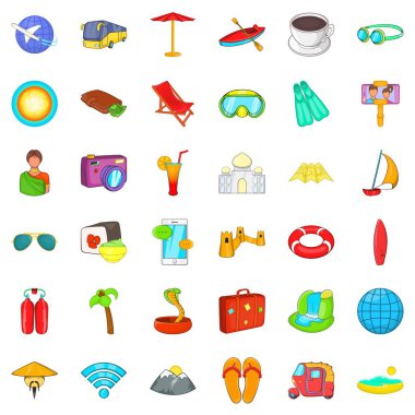 Icons set, karikatür tarzı seyahat