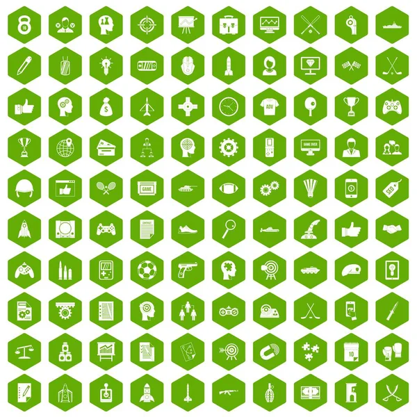100 strategie pictogrammen hexagon groen — Stockvector