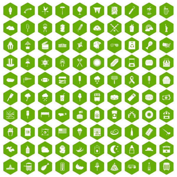 100 street food icons hexagon green — Stock Vector
