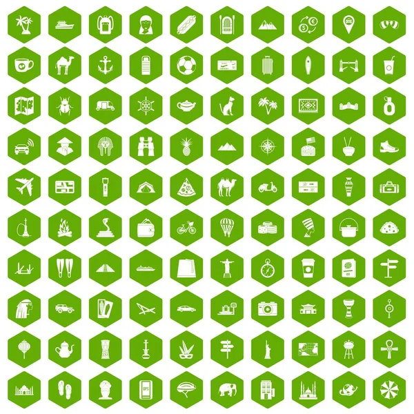 100 turystyka ikony sześciokąt zielony — Wektor stockowy