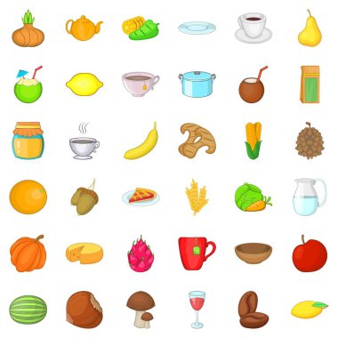 Vejetaryen Kafe Icons set, karikatür tarzı
