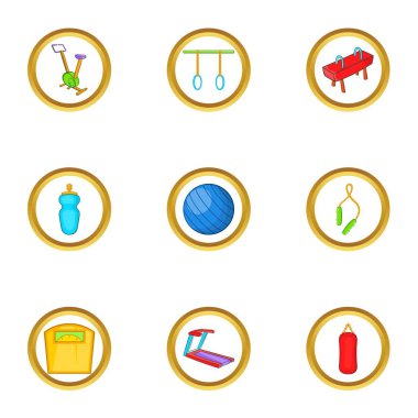 Spor salonu ekipman simge seti, karikatür tarzı