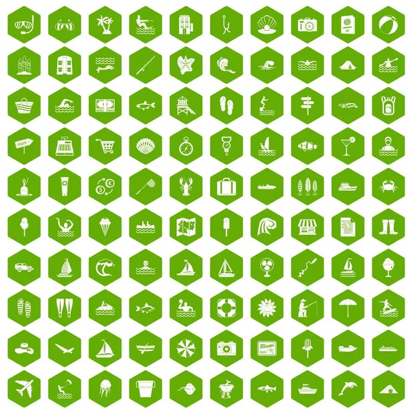 100 water recreation icons hexagon green