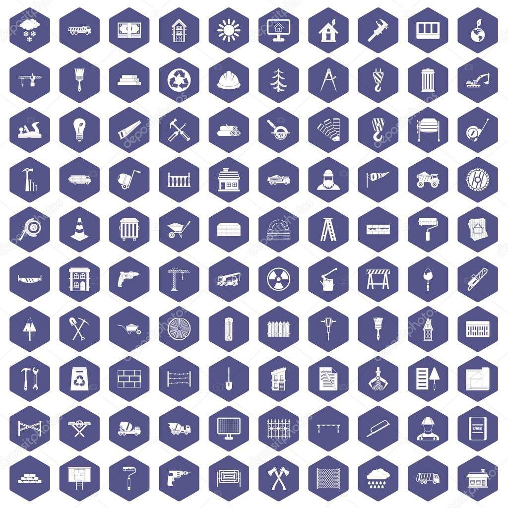 100 building materials icons hexagon purple
