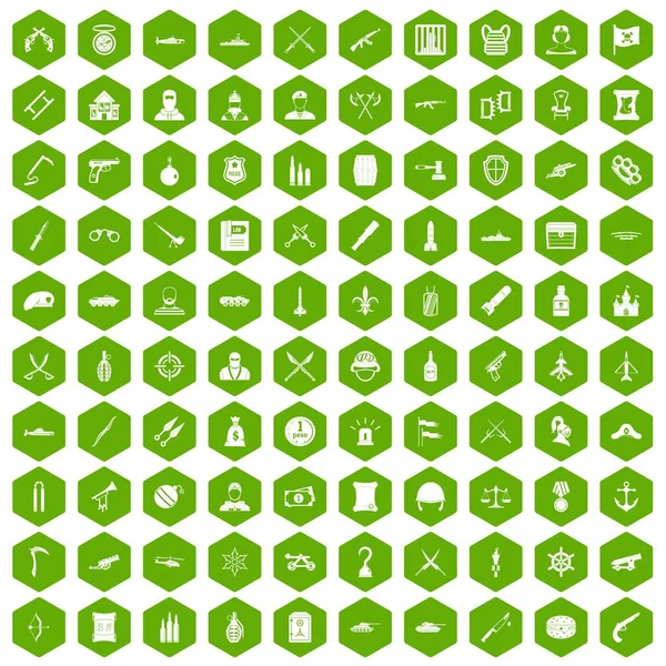 100 iconos de armas hexágono verde — Vector de stock