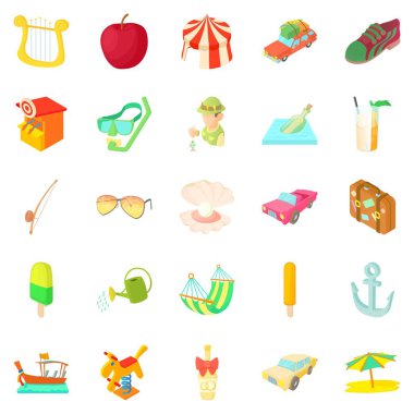 Tatil Icons set, karikatür tarzı ışık yürekli