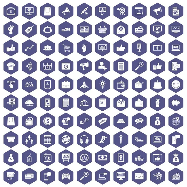 100 iconos de marketing digital hexágono púrpura — Vector de stock